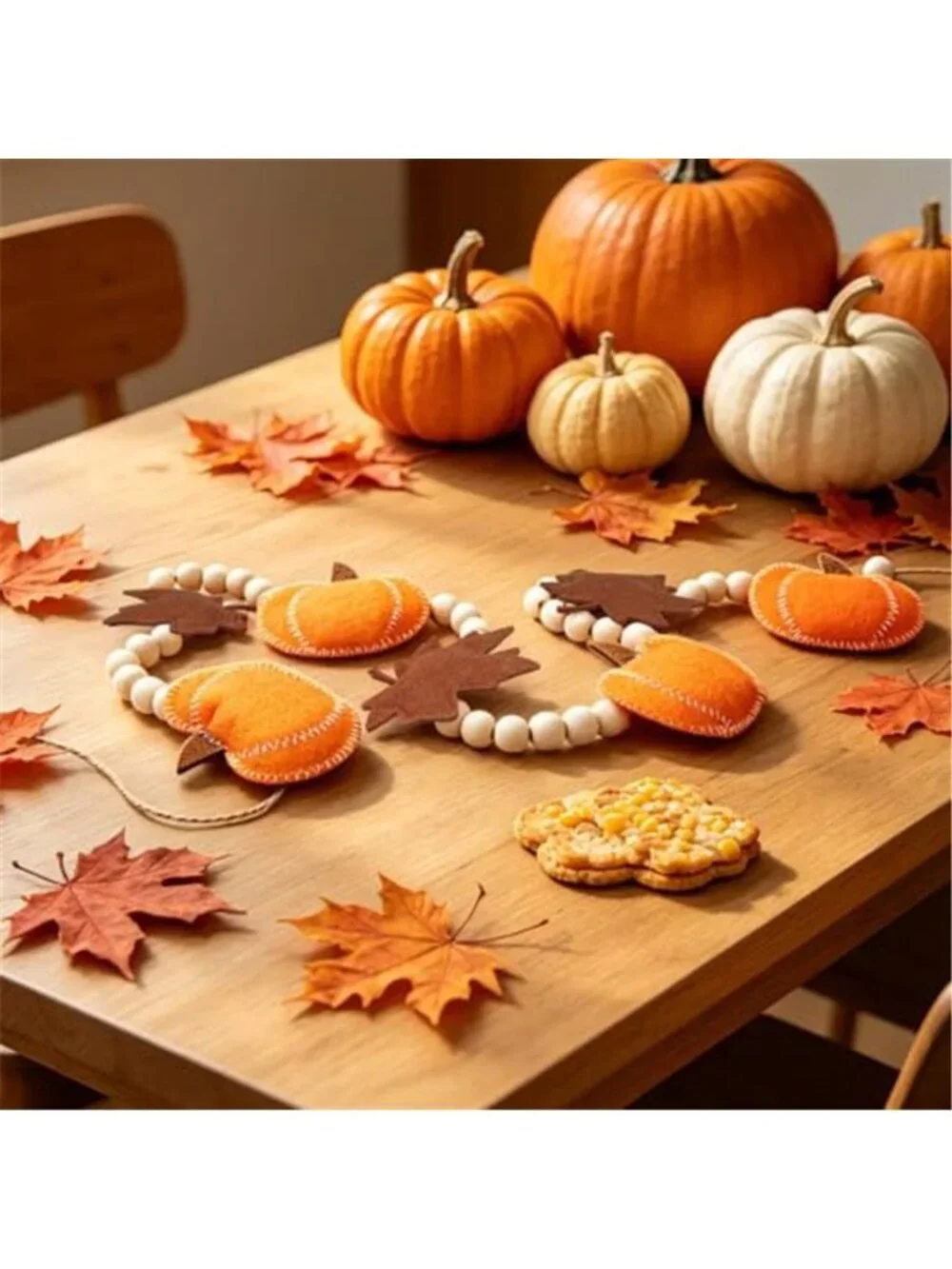 6.8 FT Fall Pumpkin Garland with Maple Leaves and Wood Beads, Autumn Decor